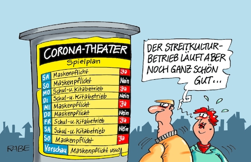 Cartoon: Streitkulturelles (medium) by RABE tagged virus,corona,pandemie,coronakrise,rabe,ralf,böhme,cartoon,karikatur,pressezeichnung,farbcartoon,tagescartoon,viren,virenschutz,mundschutz,desinfektion,föderal,föderalismus,ländersache,masken,maskenpflicht,theater,spielplan,absage,kita,kitabetrieb,schule,schulbetrieb,abstandhalten,litfaßsäule,litfaß,plakat,kulturbetrieb,streiterei,virus,corona,pandemie,coronakrise,rabe,ralf,böhme,cartoon,karikatur,pressezeichnung,farbcartoon,tagescartoon,viren,virenschutz,mundschutz,desinfektion,föderal,föderalismus,ländersache,masken,maskenpflicht,theater,spielplan,absage,kita,kitabetrieb,schule,schulbetrieb,abstandhalten,litfaßsäule,litfaß,plakat,kulturbetrieb,streiterei