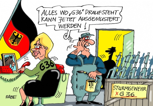 Cartoon: Sturmgewehr (medium) by RABE tagged sturmgewehr,mg,maschinengewehr,sechsunddreißig,von,der,leyen,bundesverteidigungsministerin,soldaten,bundeswehr,treffsicherheit,verschrottung,ausmusterung,zielgenauigkeit,rabe,ralf,böhme,cartoon,karikatur,pressezeichnung,farbcartoon,tagescartoon,büro,kiste,farbe,eimer,pinsel,sturmgewehr,mg,maschinengewehr,sechsunddreißig,von,der,leyen,bundesverteidigungsministerin,soldaten,bundeswehr,treffsicherheit,verschrottung,ausmusterung,zielgenauigkeit,rabe,ralf,böhme,cartoon,karikatur,pressezeichnung,farbcartoon,tagescartoon,büro,kiste,farbe,eimer,pinsel