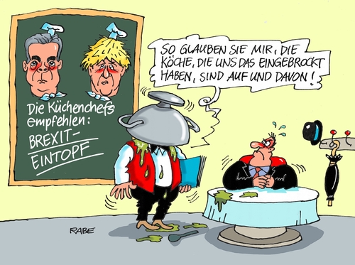 Cartoon: Suppenköche (medium) by RABE tagged cameron,england,briten,austritt,verbleib,eu,brüssel,volksentscheid,leave,rabe,ralf,böhme,cartoon,karikatur,pressezeichnung,farbcartoon,tagescartoon,bürgermeister,london,johnson,farage,rechtspopulisten,ukip,rückzug,verschwinden,euro,eurozone,kellener,restaurant,suppenschüssel,eintopf