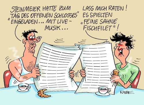 Cartoon: Tag des offenen Schlosses (medium) by RABE tagged tag,des,offenen,denkmals,schlosses,steinmeier,bundespräsident,spd,live,musik,besucher,schloß,bellevue,rabe,ralf,böhme,cartoon,karikatur,pressezeichnung,farbcartoon,tagescartoon,burgen,bürger,musiker,türe,feine,sahne,fischfilet,linksradikale,chemnitz,fremdenhass,polizei,prügelei,tag,des,offenen,denkmals,schlosses,steinmeier,bundespräsident,spd,live,musik,besucher,schloß,bellevue,rabe,ralf,böhme,cartoon,karikatur,pressezeichnung,farbcartoon,tagescartoon,burgen,bürger,musiker,türe,feine,sahne,fischfilet,linksradikale,chemnitz,fremdenhass,polizei,prügelei