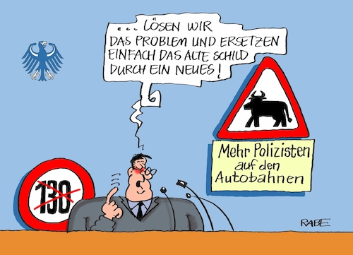 Cartoon: Tempolimit (medium) by RABE tagged tempolimit,autobahnen,verkehrsminister,scheuer,polizei,verkehrsschilder,rabe,ralf,böhme,cartoon,karikatur,pressezeichnung,farbcartoon,tagescartoon,bulle,polizist,schnellstraßen,verkehrskontrollen,sicherheit,tempolimit,autobahnen,verkehrsminister,scheuer,polizei,verkehrsschilder,rabe,ralf,böhme,cartoon,karikatur,pressezeichnung,farbcartoon,tagescartoon,bulle,polizist,schnellstraßen,verkehrskontrollen,sicherheit