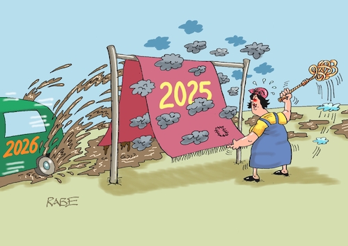 Cartoon: Teppichstange (medium) by RABE tagged merz,kanzler,koalition,union,spd,klingbeil,cartoon,karikatur,pressezeichnung,farbcartoon,tagescartoon,weihnachten,bescherung,neujahr,silvester,silvesternacht,verabschiedung,teppich,teppichstange,böller,knaller,teppichklopfer,prognose,prosit,pkw,dreck,schlamm,schmutz,merz,kanzler,koalition,union,spd,klingbeil,cartoon,karikatur,pressezeichnung,farbcartoon,tagescartoon,weihnachten,bescherung,neujahr,silvester,silvesternacht,verabschiedung,teppich,teppichstange,böller,knaller,teppichklopfer,prognose,prosit,pkw,dreck,schlamm,schmutz