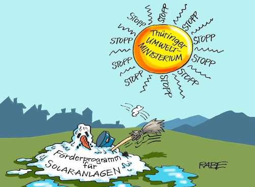 Cartoon: Thüringer Klimawandel (medium) by RABE tagged energiewende,windkraft,windräder,solarenergie,umweltminister,robert,habeck,grüne,rabe,ralf,böhme,cartoon,karikatur,pressezeichnung,farbcartoon,tagescartoon,michel,lastenträger,kosten,energiepreise,solaranlagen,förderprogramm,freistaat,thüringen,anja,siegesmund,umweltministerin,sonn,solar,schnee,schneemann,schneeschmelze,energiewende,windkraft,windräder,solarenergie,umweltminister,robert,habeck,grüne,rabe,ralf,böhme,cartoon,karikatur,pressezeichnung,farbcartoon,tagescartoon,michel,lastenträger,kosten,energiepreise,solaranlagen,förderprogramm,freistaat,thüringen,anja,siegesmund,umweltministerin,sonn,solar,schnee,schneemann,schneeschmelze