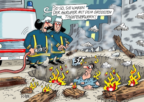 Cartoon: Tiefbau (medium) by RABE tagged silvester,neujahr,feuerwerk,tischfeuerwerk,knaller,böller,feinstaub,raketen,staabraketen,feuerwehr,rabe,ralf,böhme,cartoon,karikatur,pressezeichnung,farbcartoon,tagescartoon,loch,krater,feuer,knall,flammen,löschzug,löschschlauch,ruine,silvester,neujahr,feuerwerk,tischfeuerwerk,knaller,böller,feinstaub,raketen,staabraketen,feuerwehr,rabe,ralf,böhme,cartoon,karikatur,pressezeichnung,farbcartoon,tagescartoon,loch,krater,feuer,knall,flammen,löschzug,löschschlauch,ruine