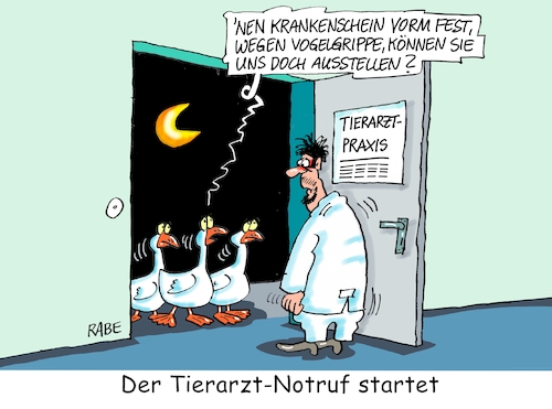 Cartoon: Tierarzt Notruf (medium) by RABE tagged weihnachten,weihnachtsgans,weihnachtsbraten,festessen,gänse,rabe,ralf,böhme,cartoon,karikatur,pressezeichnung,farbcartoon,tagescartoon,tierarzt,tierarztpraxis,notruf,notfall,haustiere,tierarztnotruf,vogelgrippe,krankenschein,weihnachten,weihnachtsgans,weihnachtsbraten,festessen,gänse,rabe,ralf,böhme,cartoon,karikatur,pressezeichnung,farbcartoon,tagescartoon,tierarzt,tierarztpraxis,notruf,notfall,haustiere,tierarztnotruf,vogelgrippe,krankenschein