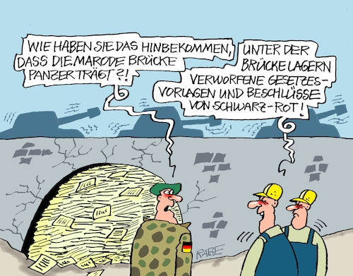 Cartoon: Traglast (medium) by RABE tagged merz,union,kanzler,fritze,koalition,spd,klingbeil,bundesregierung,rabe,ralf,böhme,cartoon,karikatur,pressezeichnung,farbcartoon,tagescartoon,trump,putin,krisen,tv,nachrichten,waschmaschine,pistorius,brücke,marode,traglast,panzer,wehrdienst,militär,bundeswehr,manöver,ernstfall,groko,schwarz,rot,beschlüsse,gesetz,gesetzesvorlagen,stütze,merz,union,kanzler,fritze,koalition,spd,klingbeil,bundesregierung,rabe,ralf,böhme,cartoon,karikatur,pressezeichnung,farbcartoon,tagescartoon,trump,putin,krisen,tv,nachrichten,waschmaschine,pistorius,brücke,marode,traglast,panzer,wehrdienst,militär,bundeswehr,manöver,ernstfall,groko,schwarz,rot,beschlüsse,gesetz,gesetzesvorlagen,stütze