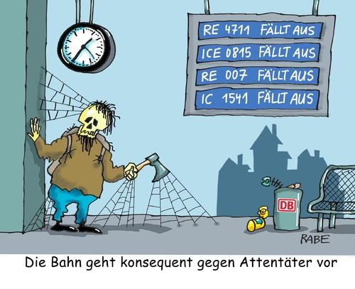 Cartoon: Trainmarshalls (medium) by RABE tagged attentäter,amok,depressionen,terroristen,is,münchen,würzburg,ansbach,reutlingen,afghane,syrer,rabe,ralf,böhme,cartoon,karikatur,pressezeichnung,farbcartoon,tagescartoon,axt,machete,rucksack,bahn,sicherheitsleute,skymarshall,trainmarshall,bahnchef,grube,verspätung,zugausfall,bahnsteig,attentäter,amok,depressionen,terroristen,is,münchen,würzburg,ansbach,reutlingen,afghane,syrer,rabe,ralf,böhme,cartoon,karikatur,pressezeichnung,farbcartoon,tagescartoon,axt,machete,rucksack,bahn,sicherheitsleute,skymarshall,trainmarshall,bahnchef,grube,verspätung,zugausfall,bahnsteig