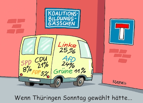 Cartoon: Trendiges (medium) by RABE tagged thüringen,ministerpräsident,bodo,ramelow,linke,rot,grün,landtagswahl,sonntagstrend,trend,thüringentrend,rabe,ralf,böhme,cartoon,karikatur,pressezeichnung,farbcartoon,tagescartoon,sackgasse,auto,wähler,koalition,koalitionsbildung,spd,fdp,cdu,afd,sonstige,mike,mohring,höcke,tiefensee,thüringen,ministerpräsident,bodo,ramelow,linke,rot,grün,landtagswahl,sonntagstrend,trend,thüringentrend,rabe,ralf,böhme,cartoon,karikatur,pressezeichnung,farbcartoon,tagescartoon,sackgasse,auto,wähler,koalition,koalitionsbildung,spd,fdp,cdu,afd,sonstige,mike,mohring,höcke,tiefensee