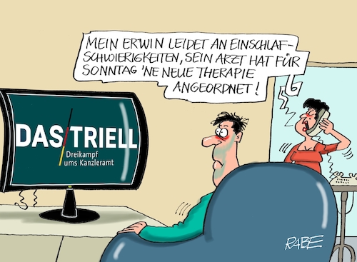 Cartoon: Tri tra trielllala (medium) by RABE tagged bundestagswahl,wahlkampf,osten,ddr,ostbeauftragter,bundesregierung,recht,rabe,ralf,böhme,cartoon,karikatur,pressezeichnung,farbcartoon,tagescartoon,kanzleramt,laschet,gartenzwerg,triell,ard,zdf,arzt,einschlafschwierigkeiten,bundestagswahl,wahlkampf,osten,ddr,ostbeauftragter,bundesregierung,recht,rabe,ralf,böhme,cartoon,karikatur,pressezeichnung,farbcartoon,tagescartoon,kanzleramt,laschet,gartenzwerg,triell,ard,zdf,arzt,einschlafschwierigkeiten