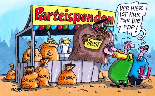 Cartoon: Trostspender (medium) by RABE tagged parteispenden,fdp,liberale,koalition,koalitionspartner,schwarzgelb,rösler,bundesregierung,merkel,kanzlerin,krise,umfragewerte,wahl,bundestagswahl,landtagswahl,niedersachsen,rabe,ralf,böhme,cartoon,karikatur,trost,trostpflaster,spender,geld,geldsack,euro,eurokrise,verkaufsstand,bude,waage,unterstützung,parteichef,parteispenden,fdp,liberale,koalition,koalitionspartner,schwarzgelb,rösler,bundesregierung,merkel,kanzlerin,krise,umfragewerte,wahl,bundestagswahl,landtagswahl,niedersachsen,rabe,ralf,böhme,cartoon,karikatur,trost,trostpflaster,spender,geld,geldsack,euro,eurokrise,verkaufsstand,bude,waage,unterstützung,parteichef