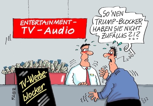 Cartoon: Trumpblocker (medium) by RABE tagged trump,präsident,usa,donald,einmarsch,erstürmung,cartoon,karikatur,pressezeichnung,rabe,ralf,böhme,farbcartoon,tagescartoon,venezuela,südamerika,maduro,regimewechsel,weltordnung,kongress,völkerrecht,werbung,werbeblocker,blocker,tv,audio,entertainment,trump,präsident,usa,donald,einmarsch,erstürmung,cartoon,karikatur,pressezeichnung,rabe,ralf,böhme,farbcartoon,tagescartoon,venezuela,südamerika,maduro,regimewechsel,weltordnung,kongress,völkerrecht,werbung,werbeblocker,blocker,tv,audio,entertainment