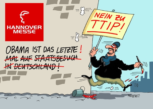 Cartoon: TTIP (medium) by RABE tagged hannover,hannovermesse,staatsbesuch,obama,usa,merkel,kanzlerin,ttip,protest,rabe,ralf,böhme,cartoon,karikatur,pressezeichnung,farbcartoon,tagescartoon,handelsabkommen,mauer,transparent,protets,hannover,hannovermesse,staatsbesuch,obama,usa,merkel,kanzlerin,ttip,protest,rabe,ralf,böhme,cartoon,karikatur,pressezeichnung,farbcartoon,tagescartoon,handelsabkommen,mauer,transparent,protets