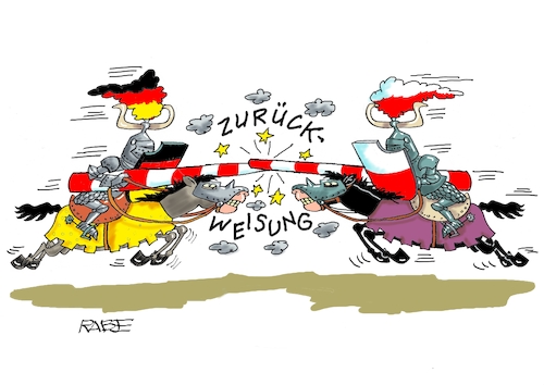 Cartoon: Turnierweise (medium) by RABE tagged merz,union,kanzler,fritze,koalition,spd,klingbeil,bundesregierung,rabe,ralf,böhme,cartoon,karikatur,pressezeichnung,farbcartoon,tagescartoon,trump,putin,krisen,tv,nachrichten,dobrindt,innenminister,polen,tusk,grenze,schlagbaum,zurückweisung,migranten,grenzkontrolle,ritter,reiter,turnier,lanze,rüstung,eu,merz,union,kanzler,fritze,koalition,spd,klingbeil,bundesregierung,rabe,ralf,böhme,cartoon,karikatur,pressezeichnung,farbcartoon,tagescartoon,trump,putin,krisen,tv,nachrichten,dobrindt,innenminister,polen,tusk,grenze,schlagbaum,zurückweisung,migranten,grenzkontrolle,ritter,reiter,turnier,lanze,rüstung,eu