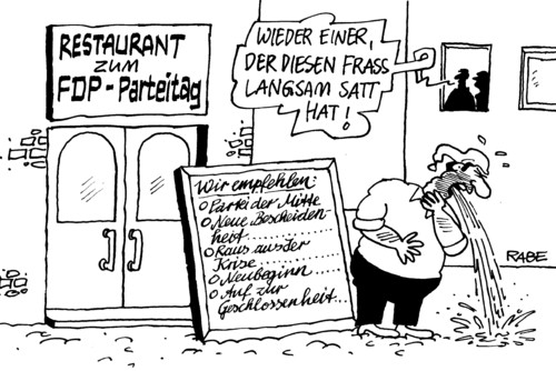 Cartoon: Überfressen (medium) by RABE tagged fdp,parteitag,liberale,koalition,schwarzgelb,parteispitze,parteiführung,bundespartei,rösler,brüderle,westerwelle,bahr,restaurant,frass,michel,kotzen,speien,kotze,mitte,geschlossenheit,bescheidenheit,neubeginn,krise,empfehlung,speisenangebot,fraktionschefs,karlsruhe,nrw,mittelstand,delegierte,liberale,koalition,schwarzgelb,parteispitze,parteiführung,bundespartei,rösler