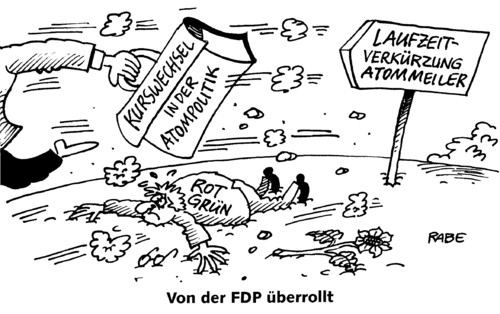 Cartoon: Überrollt (medium) by RABE tagged überrollt,kurswechsel,fdp,westerwelle,brüderle,landtagswahl,parteivorsitz,merkel,kanzlerin,krise,euro,atompolitik,atomausstieg,laufzeitverkürzung,moratorium,brennelement,atommeiler,kernkraft,restrisiko,rotgrün,cdu,spd,grüne,linke,opposition,koalition,sonnenblume,wegweiser,überrollt,kurswechsel,landtagswahl,westerwelle,brüderle,fdp,parteivorsitz,merkel,krise,opposition,koalition