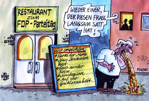 Cartoon: Übersättigt (medium) by RABE tagged fdp,liberale,bundesparteitag,delegierte,koalition,koalitionspartenr,schwarzgeld,bundesregierung,rösler,brüderle,westerwelle,bahr,karlsruhe,mittelstand,frakt,ionschef,krise,nrw,parteispitze,parteiführung,frass,kotze,kotzen,speien,michel,restaurant,kneipe,speise,speisenangebot,angebotstafel,mitte,bescheidenheit,raus,neubeginn,neustart,geschlossenheit,fdp,bundesparteitag,delegierte,koalition,koalitionspartenr,schwarzgeld,bundesregierung