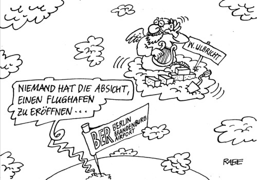 Cartoon: Ulbricht-Airport (medium) by RABE tagged hauptstadtflugplatz,berlin,hauptstadtflughafen,flugplatz,flugzeug,passagier,rollfeld,landebahn,gangway,reisende,koffer,gepäck,spinnennetze,spinnenweben,eröffnung,einweihung,air,airberlin,mehdorn,neubau,betreiber,startbahn,mängel,ber,steuerzahler,wowereit,airport,milliarden,aufsichtsrat,steuerverschwendung,brandenburg,schönefeld,walter,ulbricht,staatsratvorsitzender,sed,ddr,mauer,grenze,stacheldraht,absicht,errichtung,grenzposten,stasi,himmel,wolken,engel,erde,erdkugel