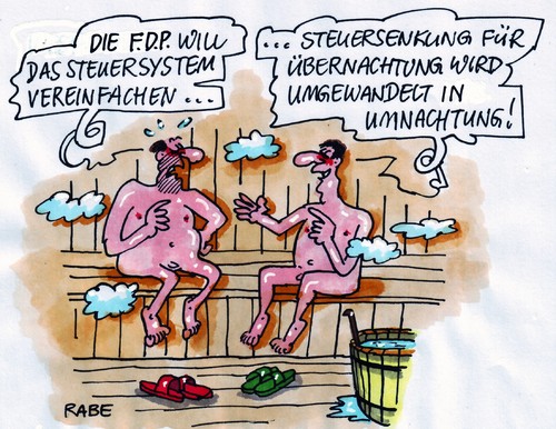 Cartoon: Umnachtungssteuer (medium) by RABE tagged nacht,veränderung,umwandlung,gäste,fremdenverkehr,hotel,übernachtung,steuervereinfachung,steuersystem,steuererhöhung,steuersenkung,krise,euro,merkel,kanzlerin,koalition,bundesregierung,fdp,gastronomie,hotelgewerbe,gaststättengewerbe,sauna,schwarzgelb,fdp,bundesregierung,koalition,kanzlerin,merkel,euro,krise,steuersenkung,steuererhöhung,steuersystem