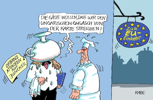 Cartoon: Ungarischer Gulasch (medium) by RABE tagged brexit,eu,insel,may,britten,austritt,rabe,ralf,böhme,cartoon,karikatur,pressezeichnung,farbcartoon,tagescartoon,bauhaus,baukasten,bauklötzer,plan,referendum,februar,orban,ungarn,attacken,juncker,rechte,gulasch,budapest,staatschef,küche,restaurant,gast,einkehr,speisekarte,brexit,eu,insel,may,britten,austritt,rabe,ralf,böhme,cartoon,karikatur,pressezeichnung,farbcartoon,tagescartoon,bauhaus,baukasten,bauklötzer,plan,referendum,februar,orban,ungarn,attacken,juncker,rechte,gulasch,budapest,staatschef,küche,restaurant,gast,einkehr,speisekarte