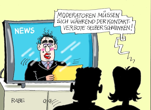 Cartoon: Ungeschminktes (medium) by RABE tagged virus,corona,pandemie,coronakrise,rabe,ralf,böhme,cartoon,karikatur,pressezeichnung,farbcartoon,tagescartoon,viren,virenschutz,mundschutz,desinfektion,föderal,föderalismus,ländersache,beatmungsgeräte,schutzkleidung,kontakt,kontaktverbote,tv,nachrichten,moderator,nachrichtensprecher,maske,schminke,schminken,lippenstift,makeup,lidschatten,lipglos,virus,corona,pandemie,coronakrise,rabe,ralf,böhme,cartoon,karikatur,pressezeichnung,farbcartoon,tagescartoon,viren,virenschutz,mundschutz,desinfektion,föderal,föderalismus,ländersache,beatmungsgeräte,schutzkleidung,kontakt,kontaktverbote,tv,nachrichten,moderator,nachrichtensprecher,maske,schminke,schminken,lippenstift,makeup,lidschatten,lipglos