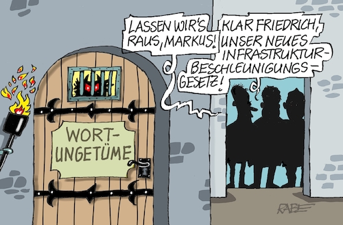 Cartoon: Ungetüme (medium) by RABE tagged merz,union,kanzler,fritze,koalition,spd,klingbeil,bundesregierung,rabe,ralf,böhme,cartoon,karikatur,pressezeichnung,farbcartoon,tagescartoon,fett,fettnapf,drecksarbeit,stelzen,training,friedrich,söder,bas,wort,wörte,ungetüm,wortungetüm,infrastruktur,gesetz,beschleunigung,strukturgesetz,beschleunigungsgesetz,merz,union,kanzler,fritze,koalition,spd,klingbeil,bundesregierung,rabe,ralf,böhme,cartoon,karikatur,pressezeichnung,farbcartoon,tagescartoon,fett,fettnapf,drecksarbeit,stelzen,training,friedrich,söder,bas,wort,wörte,ungetüm,wortungetüm,infrastruktur,gesetz,beschleunigung,strukturgesetz,beschleunigungsgesetz
