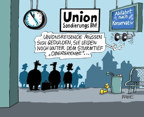 Cartoon: Unionsbahnhof (medium) by RABE tagged sondierung,union,cdu,csu,sondierungsgespräche,schwesternparteien,horst,seehofer,merkel,berlin,obergrenze,wahldebakel,uneinigkeit,jamaika,streit,zehn,punkte,plan,konservativ,kurs,rabe,ralf,böhme,cartoon,karikatur,pressezeichnung,farbcartoon,tagescartoon,sturm,sturmtief,bahn,bahnreisende,schäden,beseitigung,sondierung,union,cdu,csu,sondierungsgespräche,schwesternparteien,horst,seehofer,merkel,berlin,obergrenze,wahldebakel,uneinigkeit,jamaika,streit,zehn,punkte,plan,konservativ,kurs,rabe,ralf,böhme,cartoon,karikatur,pressezeichnung,farbcartoon,tagescartoon,sturm,sturmtief,bahn,bahnreisende,schäden,beseitigung