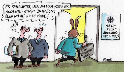 Cartoon: untersuchungsausschuss (medium) by RABE tagged nsu,untersuchungsausschuss,bundestag,verfassungsschutz,neonazi,nazi,terror,hase,roewer,name,thüringen,rechte,rechtsradikale,terrortrio,rabe,ralf,böhme,cartoon,karikatur,zwickau,gewalt,bundesinnenminister,friedrich,polizei,kaninchen,feldhase,osterhase,nsu,untersuchungsausschuss,bundestag,verfassungsschutz,neonazi,nazi,terror,hase,roewer,name,thüringen,rechte,rechtsradikale,terrortrio,rabe,ralf,böhme,cartoon,karikatur,zwickau,gewalt,bundesinnenminister,friedrich,polizei,kaninchen,feldhase,osterhase