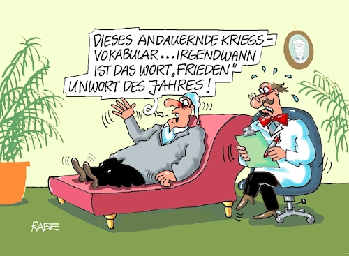 Cartoon: Unwort (medium) by RABE tagged kampfpanzer,leopard,abrams,marder,usa,deutschland,ukraine,ukrainekrieg,rabe,ralf,böhme,cartoon,karikatur,pressezeichnung,farbcartoon,tagescartoon,reiter,leopardenfell,pistorius,panzerlieferung,frieden,friedensgespräche,kriegsvokabular,unwort,des,jahres,couch,liege,psychiater,michel,kampfpanzer,leopard,abrams,marder,usa,deutschland,ukraine,ukrainekrieg,rabe,ralf,böhme,cartoon,karikatur,pressezeichnung,farbcartoon,tagescartoon,reiter,leopardenfell,pistorius,panzerlieferung,frieden,friedensgespräche,kriegsvokabular,unwort,des,jahres,couch,liege,psychiater,michel