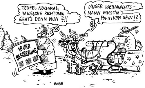 Cartoon: Verfahrenes (medium) by RABE tagged politiker,abgeordnete,volksvertreter,partei,bundesregierung,minister,kanzlerin,merkel,cdu,csu,fdp,spd,grüne,linke,opposition,koalition,weihnachten,weihnachtsmann,rentiere,rudolph,schlitten,schnee,weihnachtsbaum,geschenke,bescherung,weihnachtsabend,richtung,plan,wegweiser,geschenkesack,politiker,abgeordnete,volksvertreter,bundesregierung,kanzlerin,merkel,cdu