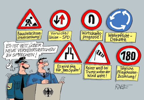 Cartoon: Verkehrt Verkehr (medium) by RABE tagged merz,union,kanzler,fritze,koalition,spd,klingbeil,bundesregierung,rabe,ralf,böhme,cartoon,karikatur,pressezeichnung,farbcartoon,tagescartoon,trump,putin,krisen,tv,nachrichten,wehrpflicht,spahn,maskendeal,corona,stromsteuersenkung,aufschwung,konjunktur,pflegekostenzuzahlung,verkehrszeichen,polizei,verkehrsschilder,merz,union,kanzler,fritze,koalition,spd,klingbeil,bundesregierung,rabe,ralf,böhme,cartoon,karikatur,pressezeichnung,farbcartoon,tagescartoon,trump,putin,krisen,tv,nachrichten,wehrpflicht,spahn,maskendeal,corona,stromsteuersenkung,aufschwung,konjunktur,pflegekostenzuzahlung,verkehrszeichen,polizei,verkehrsschilder