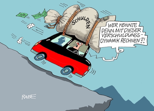 Cartoon: Verschuldung (medium) by RABE tagged merz,kanzler,koalition,union,spd,klingbeil,cartoon,karikatur,pressezeichnung,farbcartoon,tagescartoon,db,bahn,frühling,frühjahr,frühjahrsputz,ice,zug,blumenkasten,blumenkästen,schulden,schuldendynamik,dynamik,abwärts,haushalt,haushaltsloch,finanzen,pkw,abhang,bergab,merz,kanzler,koalition,union,spd,klingbeil,cartoon,karikatur,pressezeichnung,farbcartoon,tagescartoon,db,bahn,frühling,frühjahr,frühjahrsputz,ice,zug,blumenkasten,blumenkästen,schulden,schuldendynamik,dynamik,abwärts,haushalt,haushaltsloch,finanzen,pkw,abhang,bergab