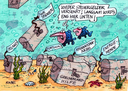 Cartoon: Versenktes (medium) by RABE tagged spanien,madrid,euro,schuldenkrise,eu,brüssel,rettungsschirm,griechenland,fiskalpakt,eurobonds,rettungspaket,bankenchefs,finanzchefs,steuergelder,meer,versenken,steuerzahler,portugal,irland,energiewende,altmaier,cdu,merkel,kanzlerin,afghanistan,afghanistankrieg,meeresboden,schwertfisch,flossen,sand,truhe,geldtruhe,unterwasser,spanien,madrid,euro,schuldenkrise,eu,brüssel,rettungsschirm,griechenland,fiskalpakt,eurobonds,rettungspaket