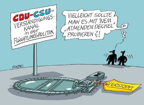 Cartoon: Verständigungsprobleme (medium) by RABE tagged union,cdu,csu,schwesternparteien,merkel,seehofer,bayern,flüchtlingskrise,obergrenze,bundestagswahlen,rabe,ralf,böhme,cartoon,karikatur,pressezeichnung,farbcartoon,tagescartoon,verständigung,verständigungskanal,kanal,kanaldeckel,deckel,gully,gullydeckel,schloß,flüchtlingspolitik,verstopfung,union,cdu,csu,schwesternparteien,merkel,seehofer,bayern,flüchtlingskrise,obergrenze,bundestagswahlen,rabe,ralf,böhme,cartoon,karikatur,pressezeichnung,farbcartoon,tagescartoon,verständigung,verständigungskanal,kanal,kanaldeckel,deckel,gully,gullydeckel,schloß,flüchtlingspolitik,verstopfung