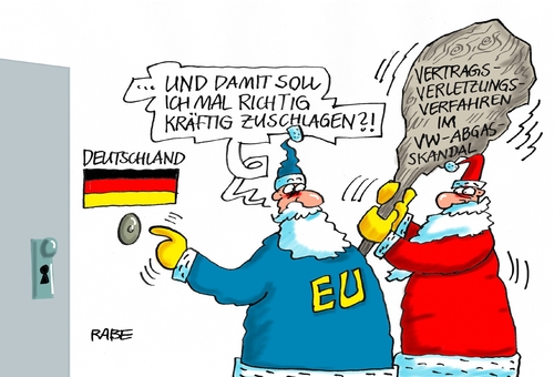 Cartoon: Vertragsverletzungsverfahren (medium) by RABE tagged vertragsverletzungsverfahren,vw,deutschland,manipulation,abgasskandal,kunden,händler,kraftfahrer,strafe,eu,rabe,ralf,böhme,cartoon,karikatur,pressezeichnung,farbcartoon,tagescartoon,brüssel,weihnachten,weihnachtsmänner,knüppel,prügel,vertragsverletzungsverfahren,vw,deutschland,manipulation,abgasskandal,kunden,händler,kraftfahrer,strafe,eu,rabe,ralf,böhme,cartoon,karikatur,pressezeichnung,farbcartoon,tagescartoon,brüssel,weihnachten,weihnachtsmänner,knüppel,prügel