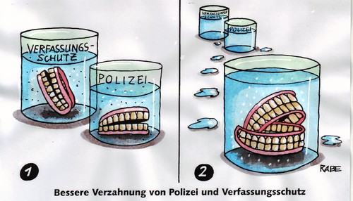 Cartoon: Verzahntes (medium) by RABE tagged polizei,polizeibehörde,verfassung,verfassungsschutz,nazi,neonazi,naziterror,überwachung,bespitzelung,spitzel,innenminister,friedrich,csu,dcdu,merkel,polizeipräsident,verzahnung,zähne,gebiss,wasserglas,kukident,ermttelr,nazimorde,visier,fahndung,untergrund,zentraldatei,extremisten,rechtsextremismus,rechte,rechts,ermittlung,npd,bundespolizei,behörden,polizei,polizeibehörde,verfassungsschutz,verfassung,nazi,neonazi,naziterror,überwachung,bespitzelung,spitzel