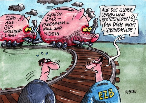 Cartoon: Volldampfrösser (medium) by RABE tagged griechenland,griechenlandpleite,athen,schulden,schuldenkrise,eu,euro,eurokrise,fiskalpakt,rettungsschirm,parlament,parlamentswahlen,sozialisten,faschisten,nazis,sparkurs,sparprogramm,null,nichtig,ezb,finanzchefs,tsipras,radikallinken,annulierung,gleise,bahnstrecke,sparschweine,griechenland,griechenlandpleite,athen,schulden,euro,eurokrise,fiskalpakt,rettungsschirm