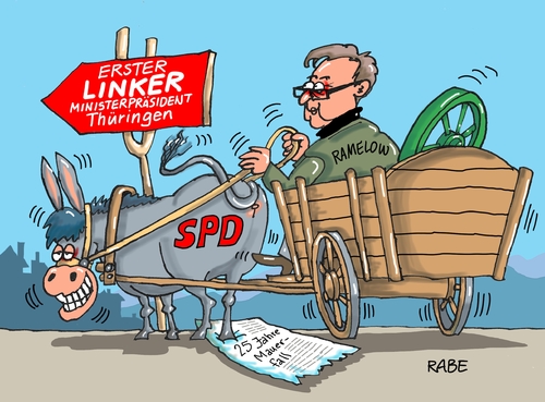 Cartoon: Vor den Karren gespannt (medium) by RABE tagged thüringen,landtagswahl,ministerpräsident,bodo,ramelow,lieberknecht,bausewein,linke,cdu,spd,sondierungsgespräche,koalitionsverhandlungen,rabe,ralf,böhme,cartoon,karikatur,pressezeichnung,farbcartoon,tagescartoon,verhandlungen,basis,abstimmung,grüne,karre,esel,eselskarre,mauerfall,kutscher,thüringen,landtagswahl,ministerpräsident,bodo,ramelow,lieberknecht,bausewein,linke,cdu,spd,sondierungsgespräche,koalitionsverhandlungen,rabe,ralf,böhme,cartoon,karikatur,pressezeichnung,farbcartoon,tagescartoon,verhandlungen,basis,abstimmung,grüne,karre,esel,eselskarre,mauerfall,kutscher