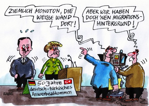 Cartoon: Vor die Wand (medium) by RABE tagged kanzlerin,merkel,cdu,deutschland,türkei,erdogan,eu,euro,jubiläum,integration,anwerbeabkommen,türkisch,schulen,sprache,innenminister,friedrich,migration,migrationshintergrund,wand,weiss,jahrestag,festakt,gatsarbeiter,deutschkenntnis,familienangehörige,sarazin,ministerpräsident,migrationsbeauftragter,türkischstämmig,deutschland,türkei,erdogan,staatsbesuch,tuerkei