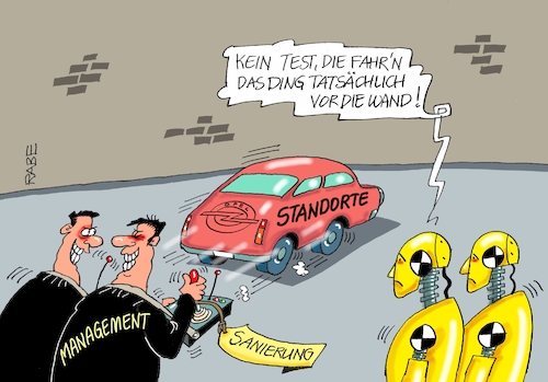 Cartoon: Vor die Wand (medium) by RABE tagged opel,opelaner,sanierung,management,werksschließung,stellenabbau,rüsselsheim,eisenach,kaiserslautern,dummys,rabe,ralf,böhme,cartoon,karikatur,pressezeichnung,farbcartoon,tagescartoon,werksleitung,gewerkschaften,vereinbarung,detroit,generalmotors,psa,opel,opelaner,sanierung,management,werksschließung,stellenabbau,rüsselsheim,eisenach,kaiserslautern,dummys,rabe,ralf,böhme,cartoon,karikatur,pressezeichnung,farbcartoon,tagescartoon,werksleitung,gewerkschaften,vereinbarung,detroit,generalmotors,psa