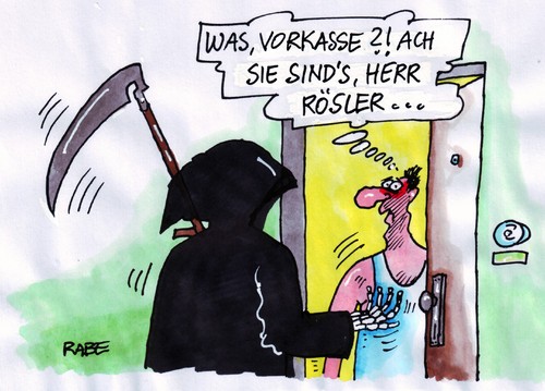 Cartoon: Vorkasse (medium) by RABE tagged rösler,vorkasse,gesundheitsminister,euro,geld,krankenkasse,patienten,arzt,gesundheitswesen,tod,krankenhaus,aok,barmer,sense,haustüre,abzocke,haustürgeschäft,rösler,vorkasse,gesundheitsminister,euro,geld,krankenkasse,patienten,arzt,gesundheitswesen,gesundheit,tod