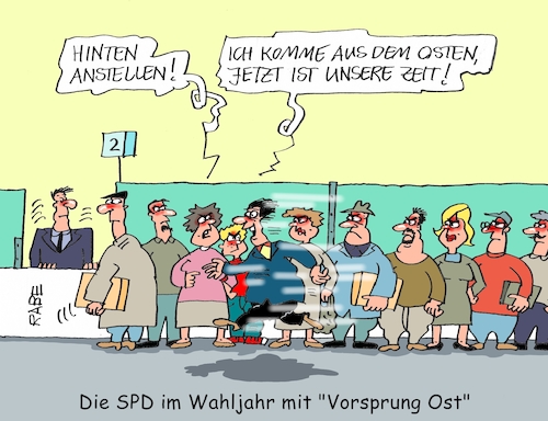 Cartoon: Vorsprung Ost (medium) by RABE tagged nahles,spd,sozialdemokraten,groko,umfragetief,scholz,rabe,ralf,böhme,cartoon,karikatur,pressezeichnung,farbcartoon,tagescartoon,vorsprung,ost,wahljahr,neue,länder,forderungen,wahlsieg,wahlniederlage,thüringen,sachsen,wahlverlierer,schlange,warteschlange,vordrängler,nahles,spd,sozialdemokraten,groko,umfragetief,scholz,rabe,ralf,böhme,cartoon,karikatur,pressezeichnung,farbcartoon,tagescartoon,vorsprung,ost,wahljahr,neue,länder,forderungen,wahlsieg,wahlniederlage,thüringen,sachsen,wahlverlierer,schlange,warteschlange,vordrängler