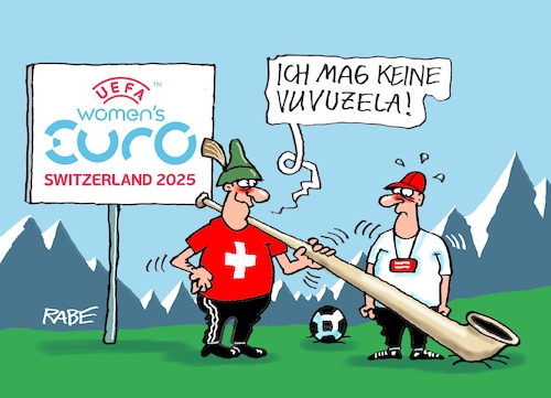 Cartoon: Vuvuzela (medium) by RABE tagged fußball,em,wm,meisterschaft,schweiz,frauen,frauenfußball,spielerin,rabe,ralf,böhme,cartoon,karikatur,pressezeichnung,farbcartoon,spielplan,paarung,tv,live,uefa,sportschau,pkw,fahne,spiegelschoner,fußball,em,wm,meisterschaft,schweiz,frauen,frauenfußball,spielerin,rabe,ralf,böhme,cartoon,karikatur,pressezeichnung,farbcartoon,spielplan,paarung,tv,live,uefa,sportschau,pkw,fahne,spiegelschoner