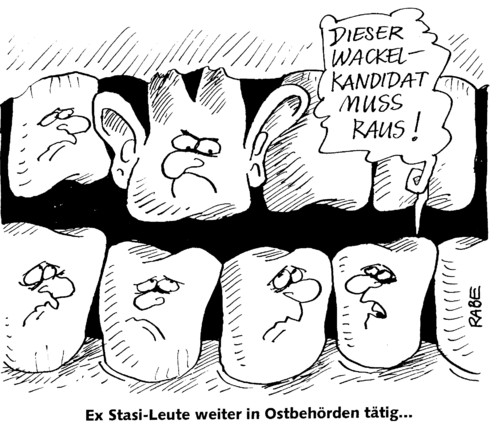 Cartoon: Wackelkandidat (medium) by RABE tagged stasi,gauckbehörde,birdlerbehörde,stasiaufarbeitung,ddr,sed,unrechtsstaat,spitzel,bespitzeln,abhören,verhör,folter,stasiakten,behörde,ostbehörde,wendehals,zahn,zähne,gebiss,zahnfleich,euro,krise,zahnfleischschwund,zahnpasta,zahnbürste,gauck,birdler,stasizentrale,stasigefängnis,mielke,honecker,krenz,mauer,staatsgrenze,ulbricht,fluchtversuch,ohren,lauschen,wanze,stasi,ddr,sed,spitzel,bespitzeln,abhören,verhör,folter,stasiakten,behörde