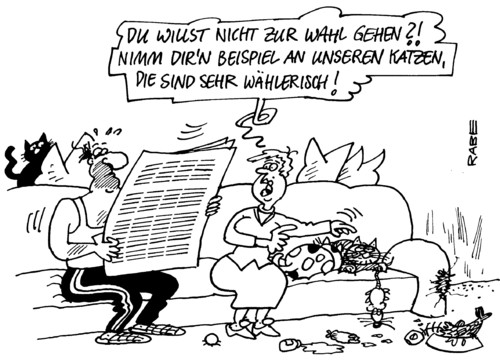 Cartoon: Wählerisches (medium) by RABE tagged wahl,wahlkampf,wähler,wahlbebachrichtigung,wahlurne,mann,frau,ehepaar,parteien,bundesregierung,parlament,volksvertreter,cdu,spd,csu,fdp,linke,grüne,couch,katzen,stubentiger,samtpfoten,fressnapf,futter,thunfisch,leberwurst,kondensmilch,kaffeesahne,maus,ratte,wahlmüdigkeit,wahl,wahlkampf,wahlurne,nichtwähler,wahlbenachrichtigung,wahlplakat,bundesregierung,landearegierung,grüne,linke,spd,volksvertreter,cdu,parlament,parlamentarier,piraten,wahlgang