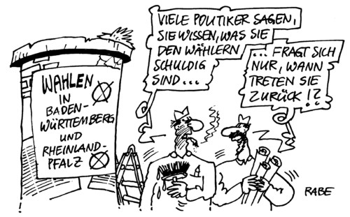 Cartoon: Wählerschuldigkeit (medium) by RABE tagged rheinlandpfalz,wahlprognose,wahlergebnisse,landtagswahl,badenwürttemberg,cdu,spd,fdp,linke,grüne,csu,bundesregierung,landesregierung,landtag,ministerpräsident,beck,mappus,wähler,wahlkabine,wahlurne,litfaßsäule,maler,plakatieren,wahlplakat,leim,pinsel,tapetenkleister,leiter,männer,wahlkampf,stuttgart21,atomenergie,atomkraftwerk,wahlkampf,wahlplakat,wahlprognose,landtagwahl,ministerpräsident,mappus,beck,spd,bundesregierung,cdu,politbarometer,wählerstimmen,wahlkabine