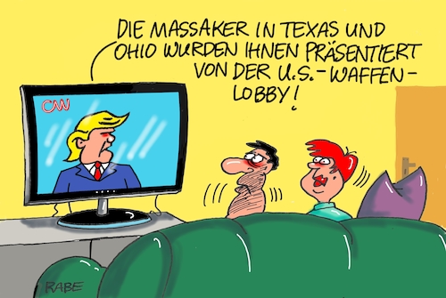 Cartoon: Waffenlobby (medium) by RABE tagged trump,präsident,usa,china,handelskrieg,strafzölle,peking,rabe,ralf,böhme,cartoon,karikatur,pressezeichnung,farbcartoon,tagescartoon,us,waffenlobby,massaker,attentat,schütze,tote,paräsentation,cnn,nachrichtensender,schußwaffen,schnellfeuergewehr,bundesstaat,texas,ohio,trump,präsident,usa,china,handelskrieg,strafzölle,peking,rabe,ralf,böhme,cartoon,karikatur,pressezeichnung,farbcartoon,tagescartoon,us,waffenlobby,massaker,attentat,schütze,tote,paräsentation,cnn,nachrichtensender,schußwaffen,schnellfeuergewehr,bundesstaat,texas,ohio