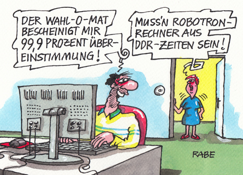 Cartoon: Wahl O Mat (medium) by RABE tagged wahlomat,wahl,mat,europawahl,landtagswahl,bundestagswahl,internet,rechner,surfer,homepage,parteispitze,europaparteien,brüssel,wähler,wahlsonntag,rabe,ralf,böhme,cartoon,karikatur,pressezeichnung,farbcartoon,mann,frau,ddr,sed,stasi,robotron,volkseigener,betrieb,wahlmanipulation,wahlomat,wahl,mat,europawahl,landtagswahl,bundestagswahl,internet,rechner,surfer,homepage,parteispitze,europaparteien,brüssel,wähler,wahlsonntag,rabe,ralf,böhme,cartoon,karikatur,pressezeichnung,farbcartoon,mann,frau,ddr,sed,stasi,robotron,volkseigener,betrieb,wahlmanipulation