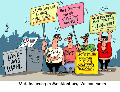 Cartoon: Wahlen Meckpomm (medium) by RABE tagged landtag,lantagswahl,mecklenburg,vorpommern,wahlurne,wählerstimme,afd,cdu,spd,linke,grüne,rabe,ralf,böhme,cartoon,karikatur,pressezeichnung,farbcartoon,tagescartoon,schilder,transparente,wahlgeschenke,stimmzettel,kaffee,rotwein,landtag,lantagswahl,mecklenburg,vorpommern,wahlurne,wählerstimme,afd,cdu,spd,linke,grüne,rabe,ralf,böhme,cartoon,karikatur,pressezeichnung,farbcartoon,tagescartoon,schilder,transparente,wahlgeschenke,stimmzettel,kaffee,rotwein