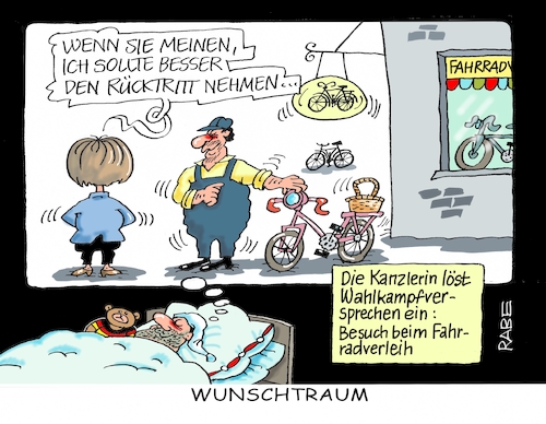 Cartoon: Wahlkampfversprechen (medium) by RABE tagged merkel,kanzlerin,bundestag,befragung,fragestunde,rede,antwort,parteien,abgeordnete,rabe,ralf,böhme,cartoon,karikatur,pressezeichnung,farbcartoon,tagescartoon,bundestagswahl,wahlkampf,wahlhilfe,wahlkampfversprechen,fahrradverleih,damenrad,rücktritt,wunsch,wunschtraum,merkel,kanzlerin,bundestag,befragung,fragestunde,rede,antwort,parteien,abgeordnete,rabe,ralf,böhme,cartoon,karikatur,pressezeichnung,farbcartoon,tagescartoon,bundestagswahl,wahlkampf,wahlhilfe,wahlkampfversprechen,fahrradverleih,damenrad,rücktritt,wunsch,wunschtraum