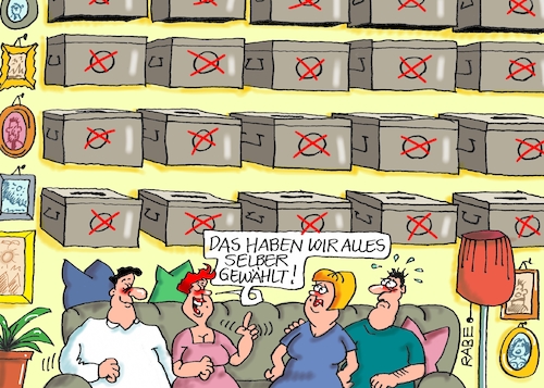 Cartoon: Wahlurnentrophäen (medium) by RABE tagged landtagswahlen,sachsen,brandenburg,minister,ministerposten,kretzschmer,dresden,pegida,afd,rechte,rabe,ralf,böhme,cartoon,karikatur,pressezeichnung,farbcartoon,wähler,wahlurnen,stimmzettel,trophähen,trophäensammler,linke,fdp,spd,cdu,grüne,landtagswahlen,sachsen,brandenburg,minister,ministerposten,kretzschmer,dresden,pegida,afd,rechte,rabe,ralf,böhme,cartoon,karikatur,pressezeichnung,farbcartoon,wähler,wahlurnen,stimmzettel,trophähen,trophäensammler,linke,fdp,spd,cdu,grüne